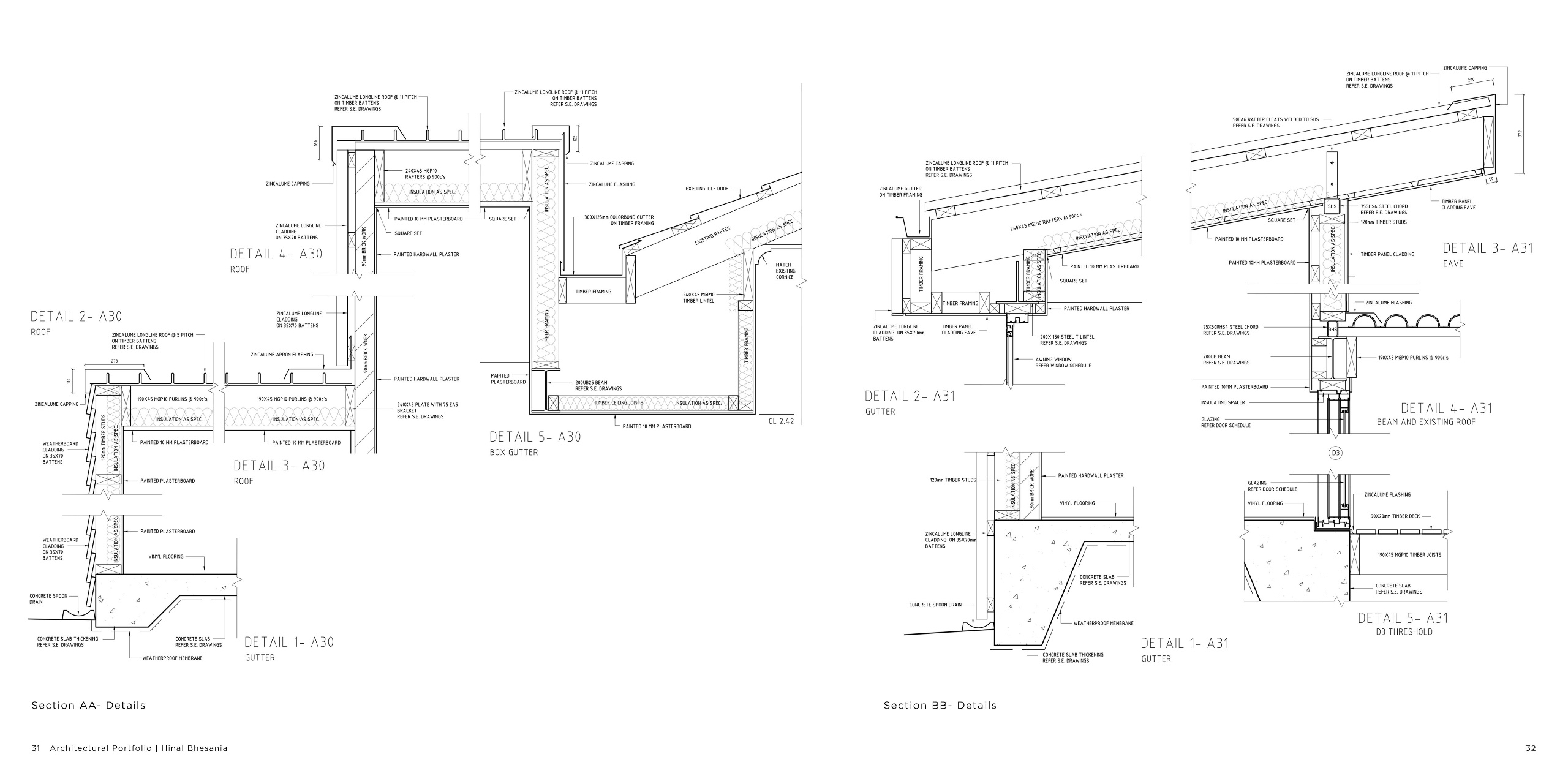 Architectural Detail Drawings for Residential Construction Technical sections showcasing construction junctions, roofing details, and structural connections. These precise architectural details ensure durability, weatherproofing, and aesthetic consistency.