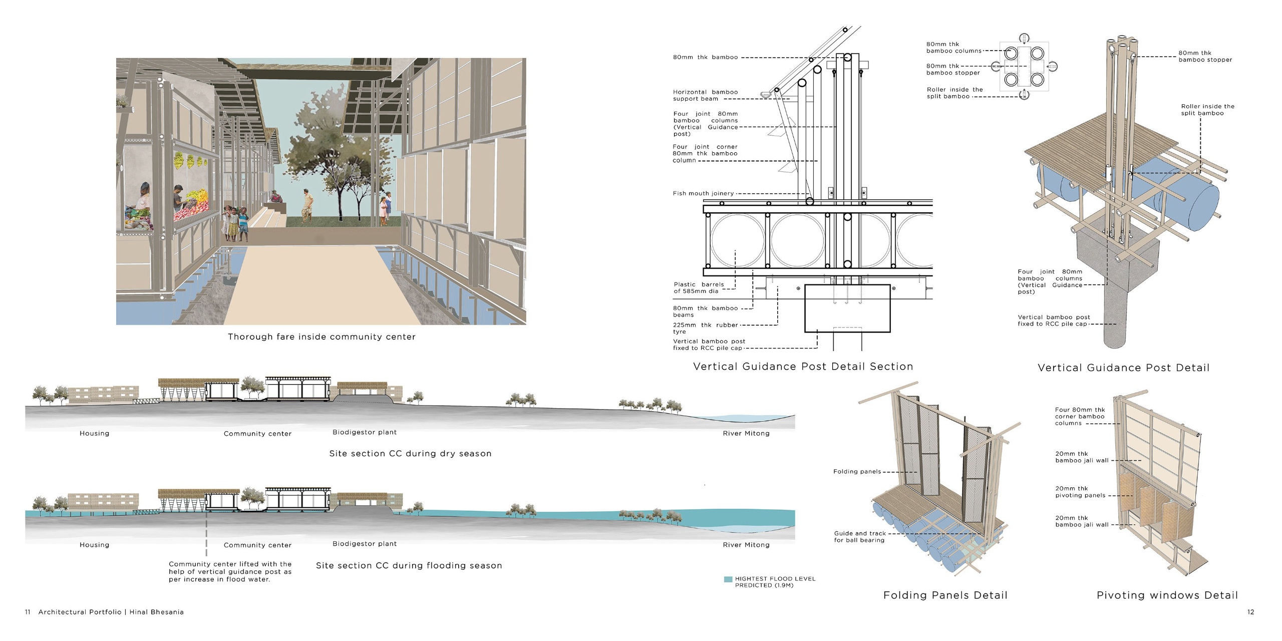 Flood-Resilient Community Center Design – Bamboo Structure with Vertical Guidance System A sustainable architectural design featuring a bamboo-based floating community center adaptable to seasonal flooding. Detailed sections and 3D visuals showcase innovative use of vertical guidance posts, folding panels, and pivoting window details designed