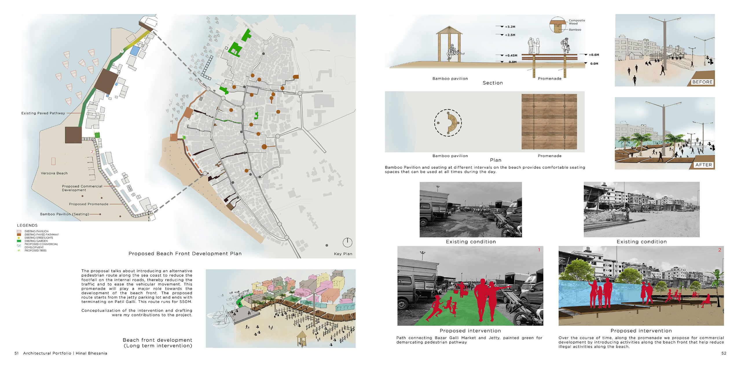 Beachfront Redevelopment and Promenade Design – Versova, Mumbai Proposal for pedestrian-friendly beachfront development featuring promenades, bamboo pavilions, and public gathering spaces. Illustrates the transformation of neglected areas into vibrant community zones with eco-sensitive design.