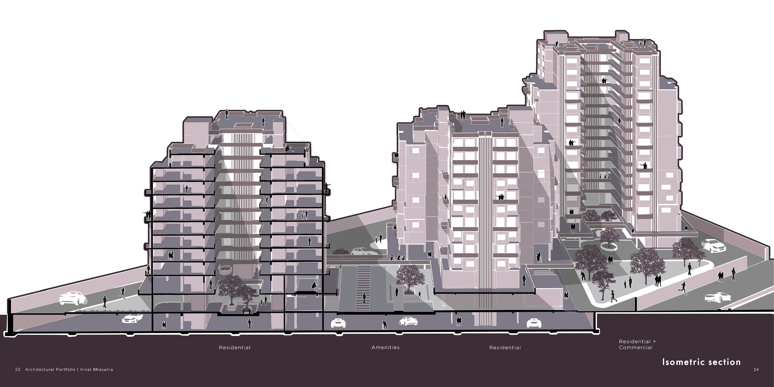 Inclusive Housing Complex with Communal Spaces An isometric section visualizing residential and communal layers within a universal housing complex. The design integrates shared amenities and circulation zones to foster social interaction and accessibility.