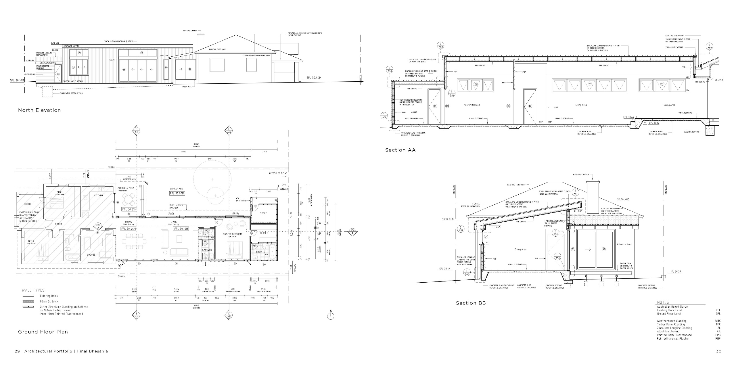 Residential Extension Plans and Elevations in Perth Detailed floor plans and sectional drawings depicting additions to a single-storey home. The design balances new functional spaces with existing structures for cohesive suburban living.
