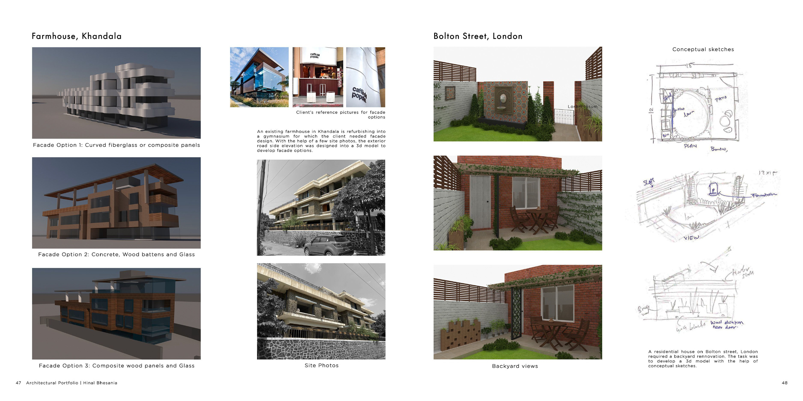 Architectural Visualization and Facade Options – Khandala & London 3D facade design concepts for a Khandala farmhouse and a backyard renovation project in London. Combines conceptual sketches, renderings, and site photos to demonstrate versatile design solutions.