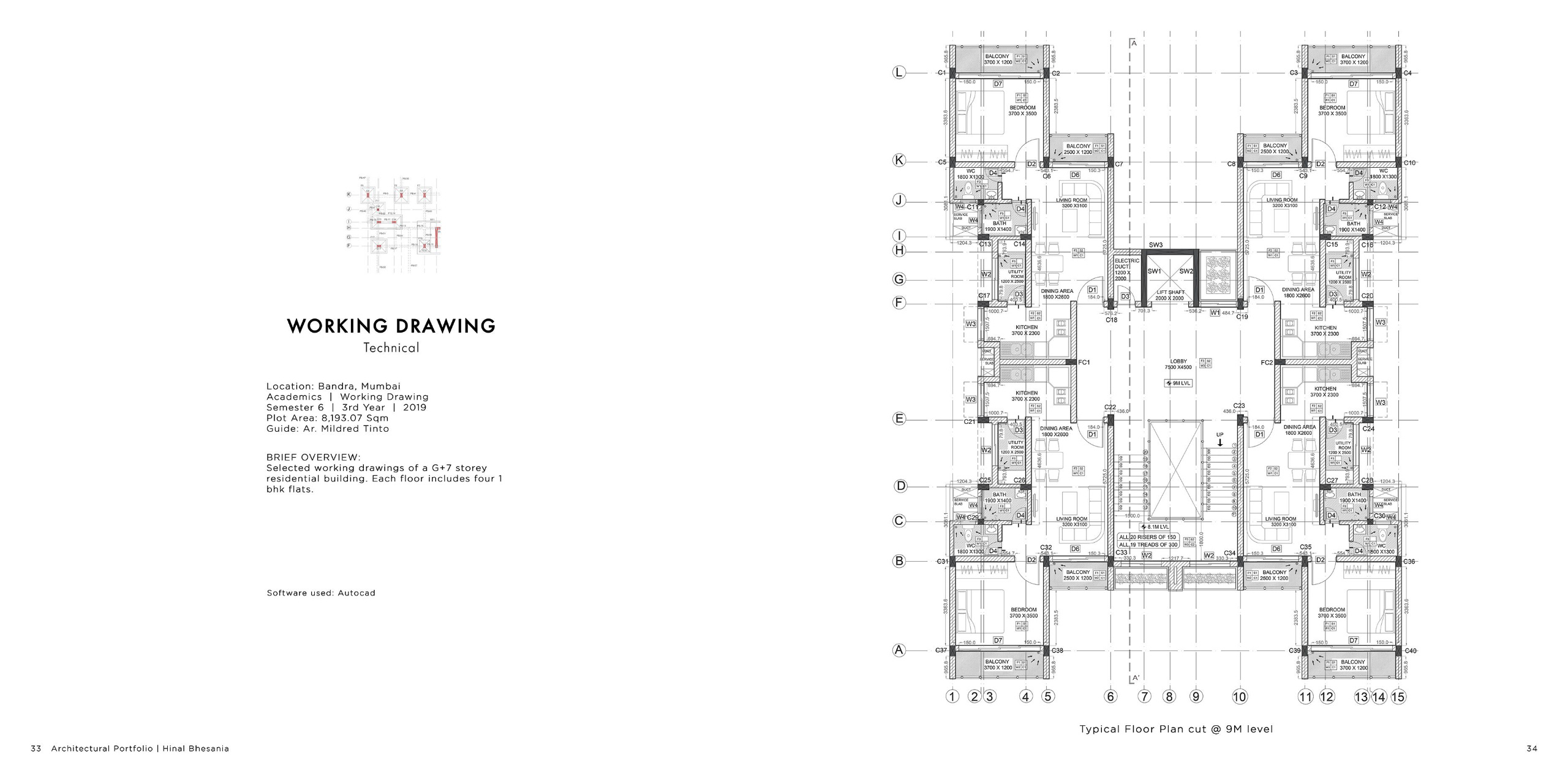 G+7 Residential Building Working Drawing, Bandra Mumbai Detailed working drawing of a G+7 residential structure in Bandra, showcasing four 1BHK flats per floor. Created in AutoCAD, the plan illustrates technical precision in layout, circulation, and services at the 9M level.