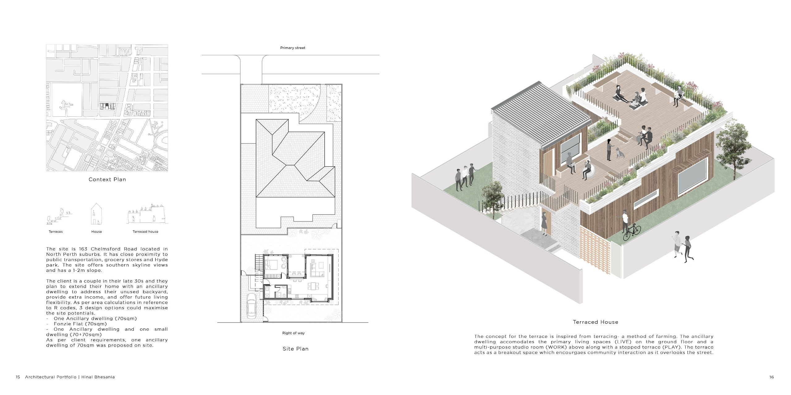 North Perth Site Analysis and Terrace Design Concept Context and site plans showing the design response to a suburban North Perth plot. The terraced house concept blends living, working, and communal spaces while enhancing urban density and neighborhood integration.